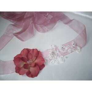 pink lace rhinestone floral belt sash, wedding prom formal wear dress belt sash